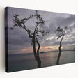 Large stretched canvas depicting a serene Caribbean beach scene in soft blue and sandy tones, ideal for kitchen wall art.