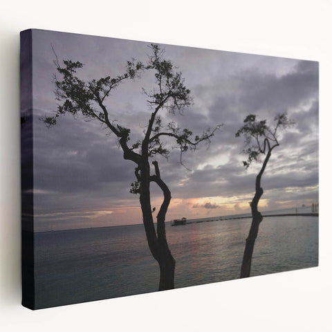 Large stretched canvas depicting a serene Caribbean beach scene in soft blue and sandy tones, ideal for kitchen wall art.