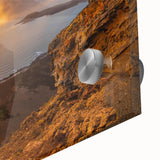 Large abstract wall art of a Caribbean scenery in vibrant blue and green hues on acrylic glass.