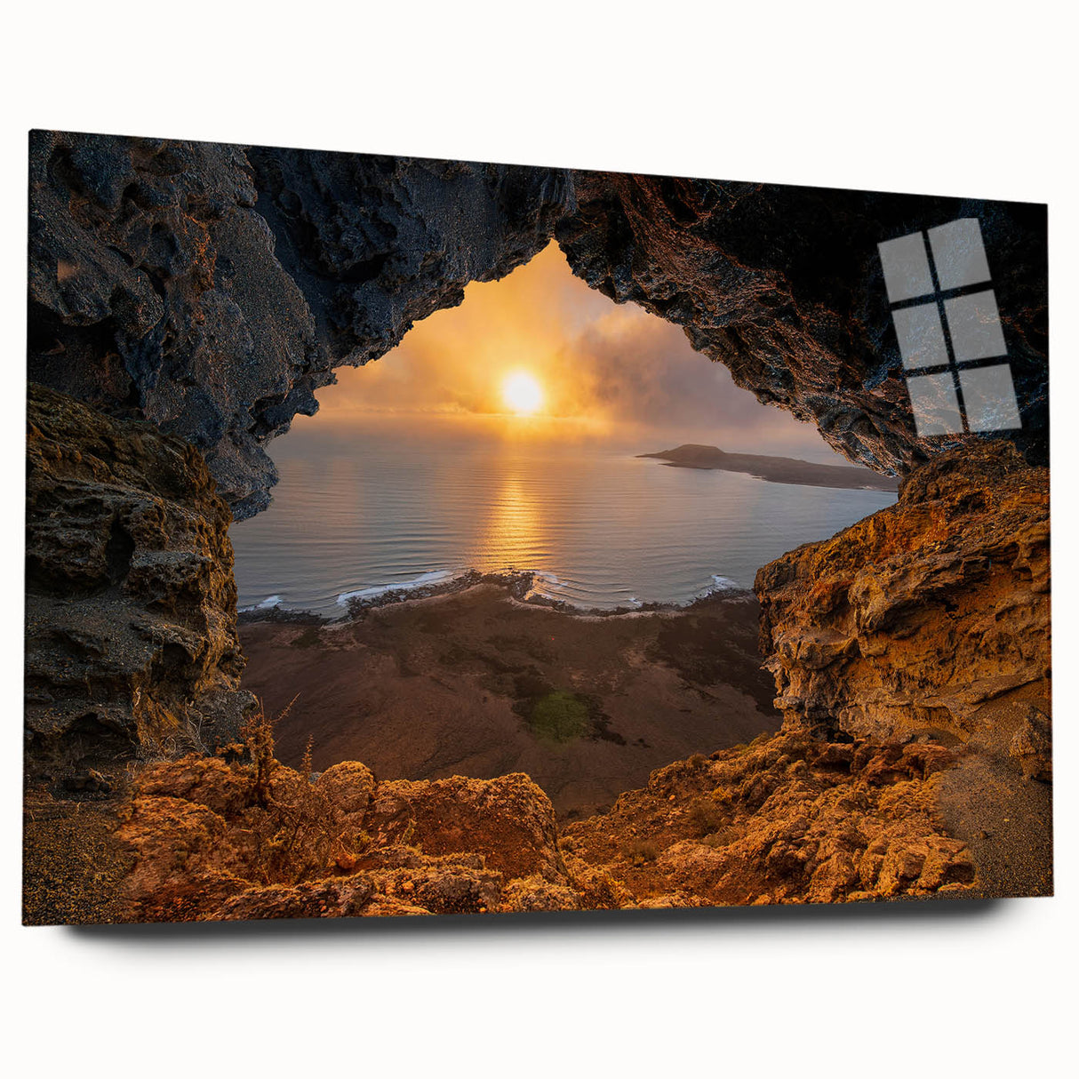 Large abstract wall art of a Caribbean scenery in mid-century modernist style, printed on acrylic glass.