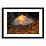 Extra large, colorful abstract art print of a Caribbean scenery on a textured canvas, framed in black.