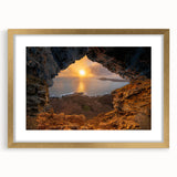 Abstract art print featuring a Caribbean scenery in muted blue and green tones on a framed gold mat.