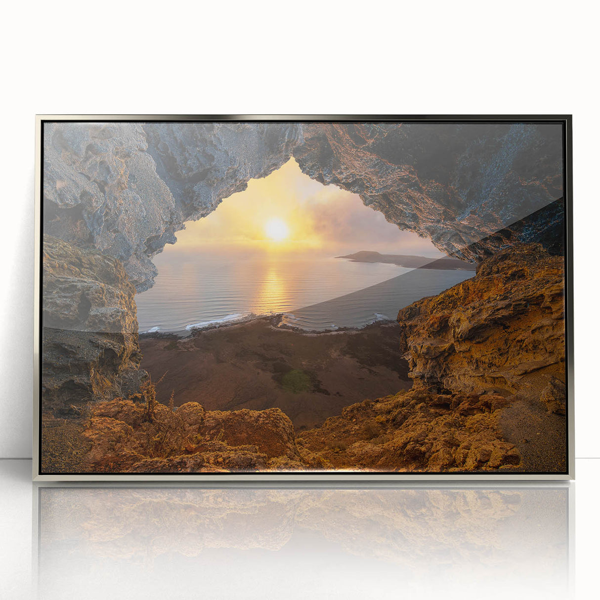 Large acrylic print of a Caribbean landscape in pastel shades, framed in silver, ideal for modern art wall decor.