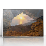 Mid-century modernist art of a Caribbean scenery in Puerto Rico, displayed in a white framed acrylic.