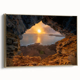 Framed canvas featuring a vintage-style landscape painting of a Caribbean scenery with gold accents.