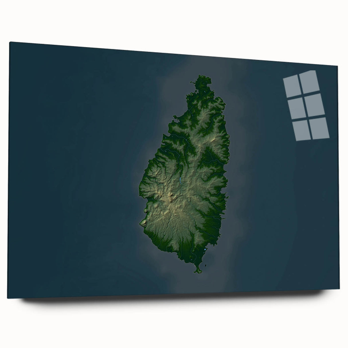 Large abstract wall art of Caribbean Saint Lucia scenery in vibrant blues and greens on acrylic glass.