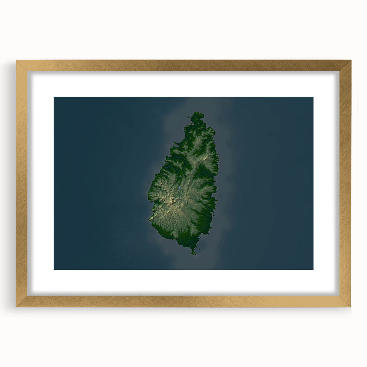 Extra large abstract art print depicting a Caribbean scene in vibrant blue and green tones, framed in gold.