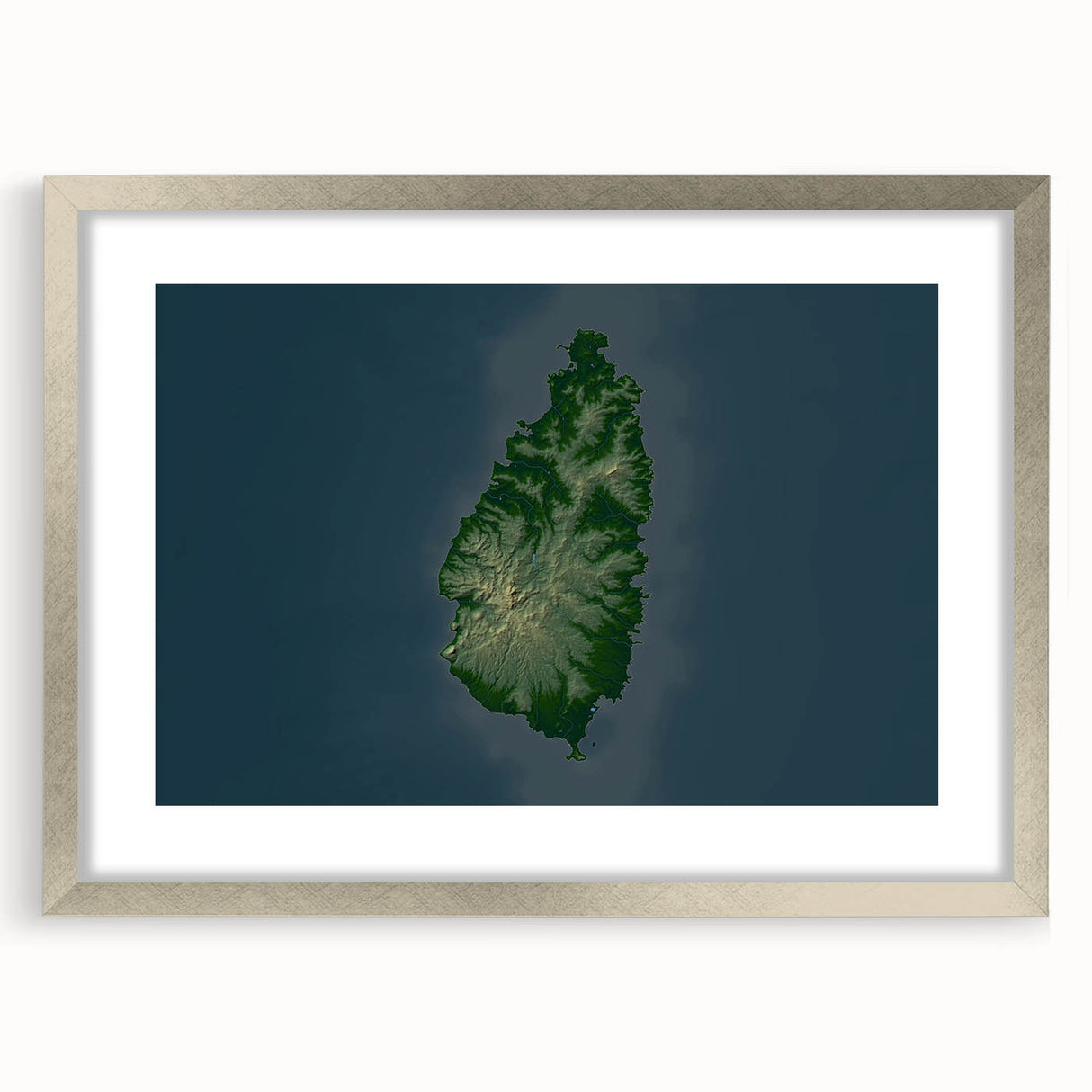 Textured art print depicting an abstract Caribbean Saint Lucia scenery in muted blue and green tones, framed in silver.