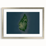 Textured art print depicting an abstract Caribbean Saint Lucia scenery in muted blue and green tones, framed in silver.