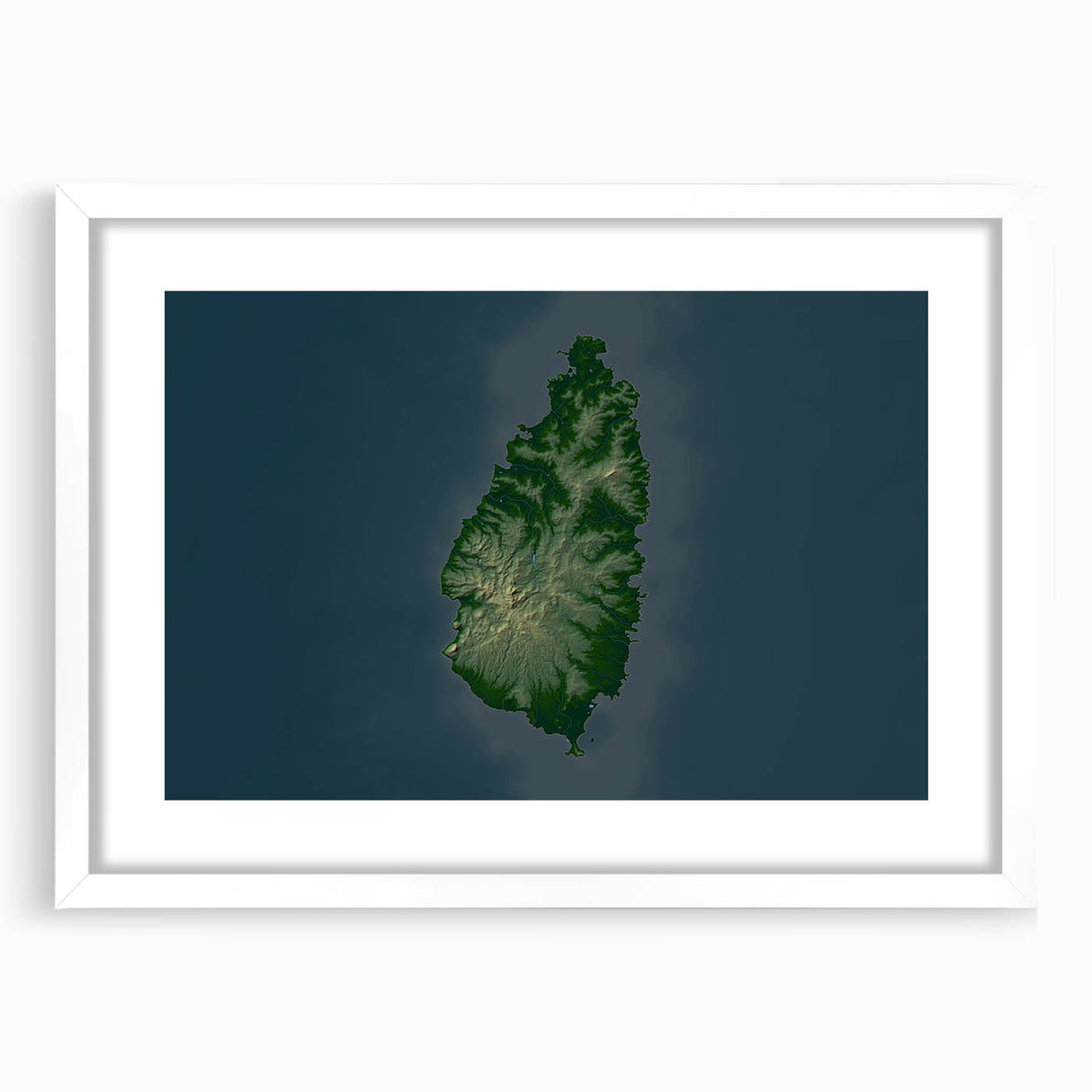 Abstract art print of Caribbean Saint Lucia scenery in vibrant blue and green hues, framed with a white mat.