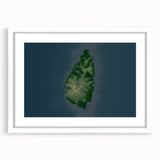 Abstract art print of Caribbean Saint Lucia scenery in vibrant blue and green hues, framed with a white mat.