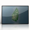 Large abstract wall art featuring a Caribbean scenery in muted blue and green tones, framed in black acrylic.