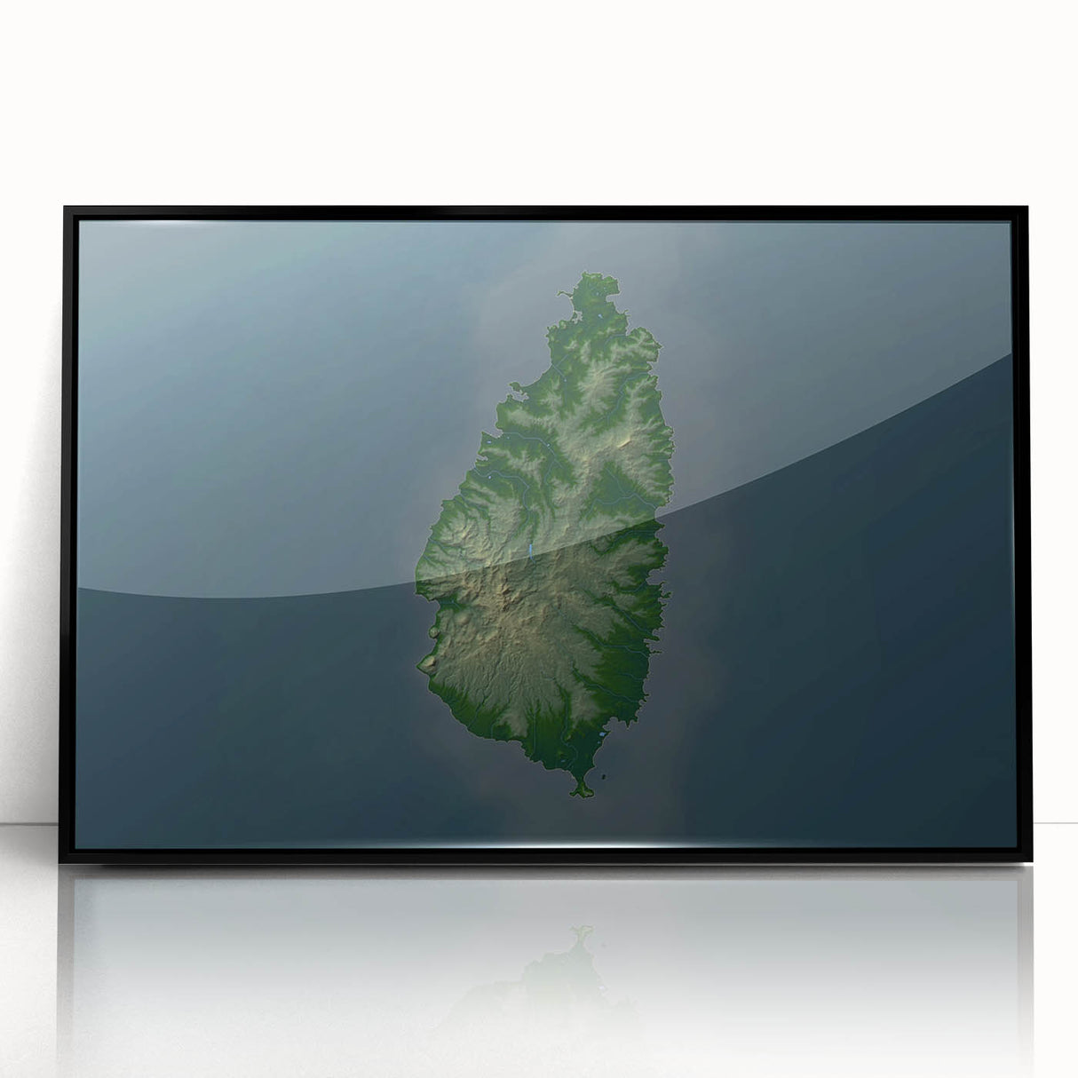 Large abstract wall art featuring a Caribbean scenery in muted blue and green tones, framed in black acrylic.