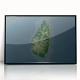 Large abstract wall art featuring a Caribbean scenery in muted blue and green tones, framed in black acrylic.