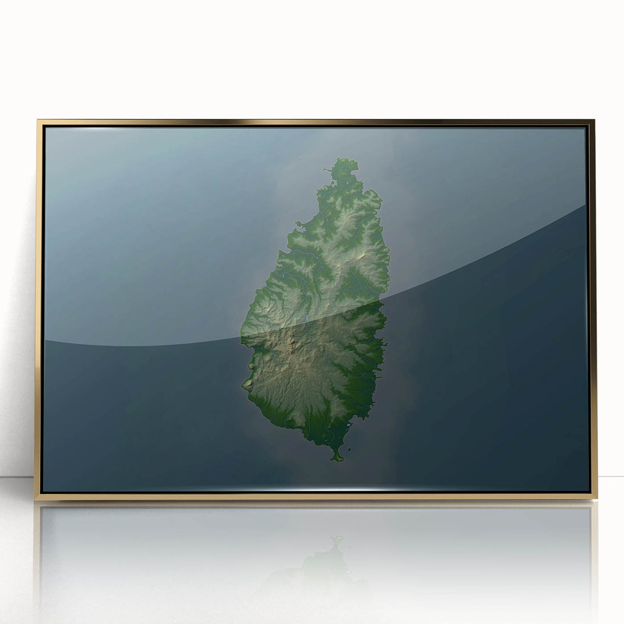 Acrylic print of Caribbean Saint Lucia scenery in gold frame, featuring serene blue and green tones.
