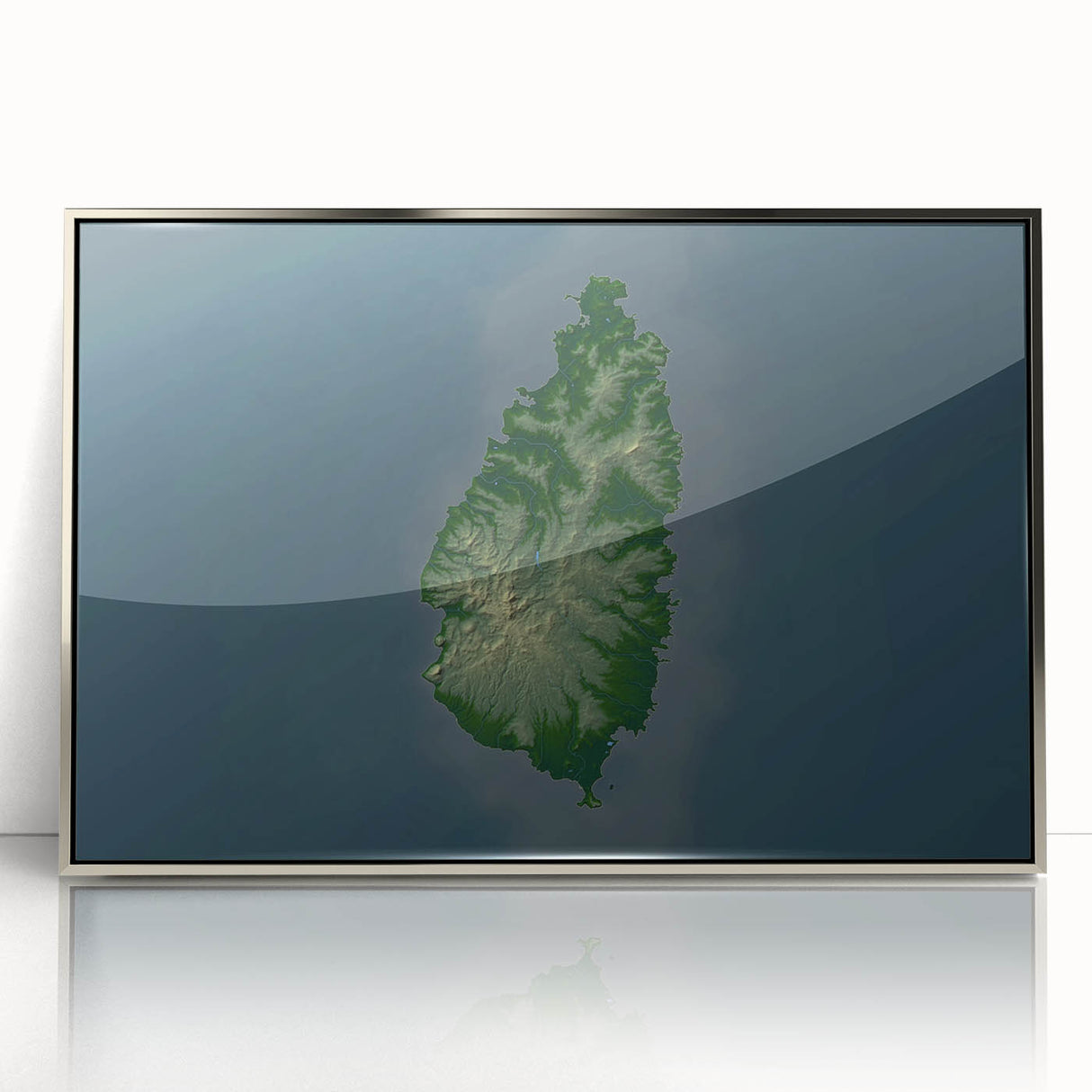Mid-century modernist art depicting the Caribbean Saint Lucia scenery in muted tropical hues on a silver-framed acrylic…