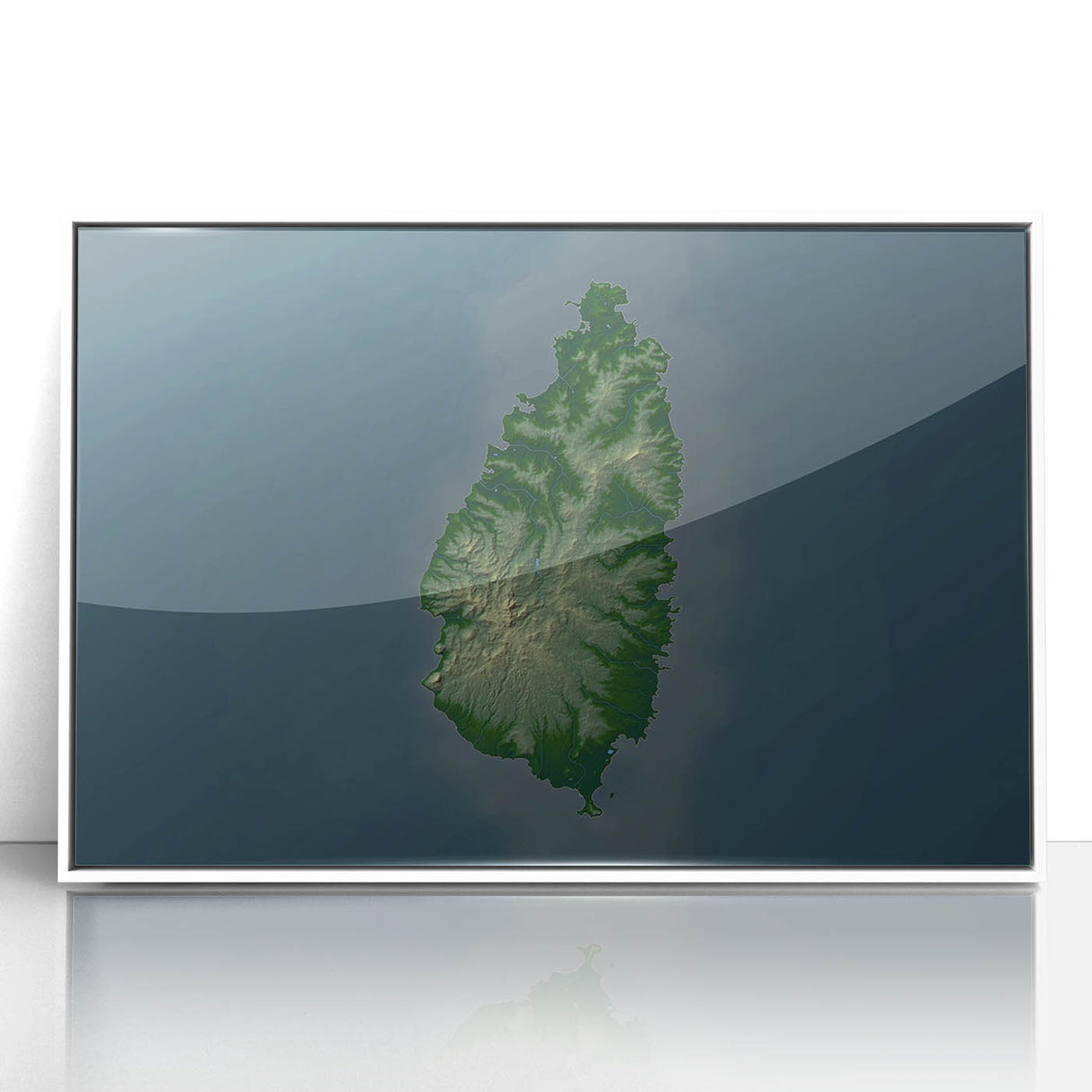 Framed acrylic print of a Caribbean scenery in Saint Lucia with lush greenery and ocean views.