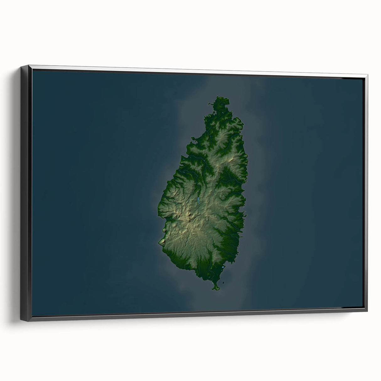 Black and white framed canvas of Saint Lucia landscape, ideal for bedroom wall decor.