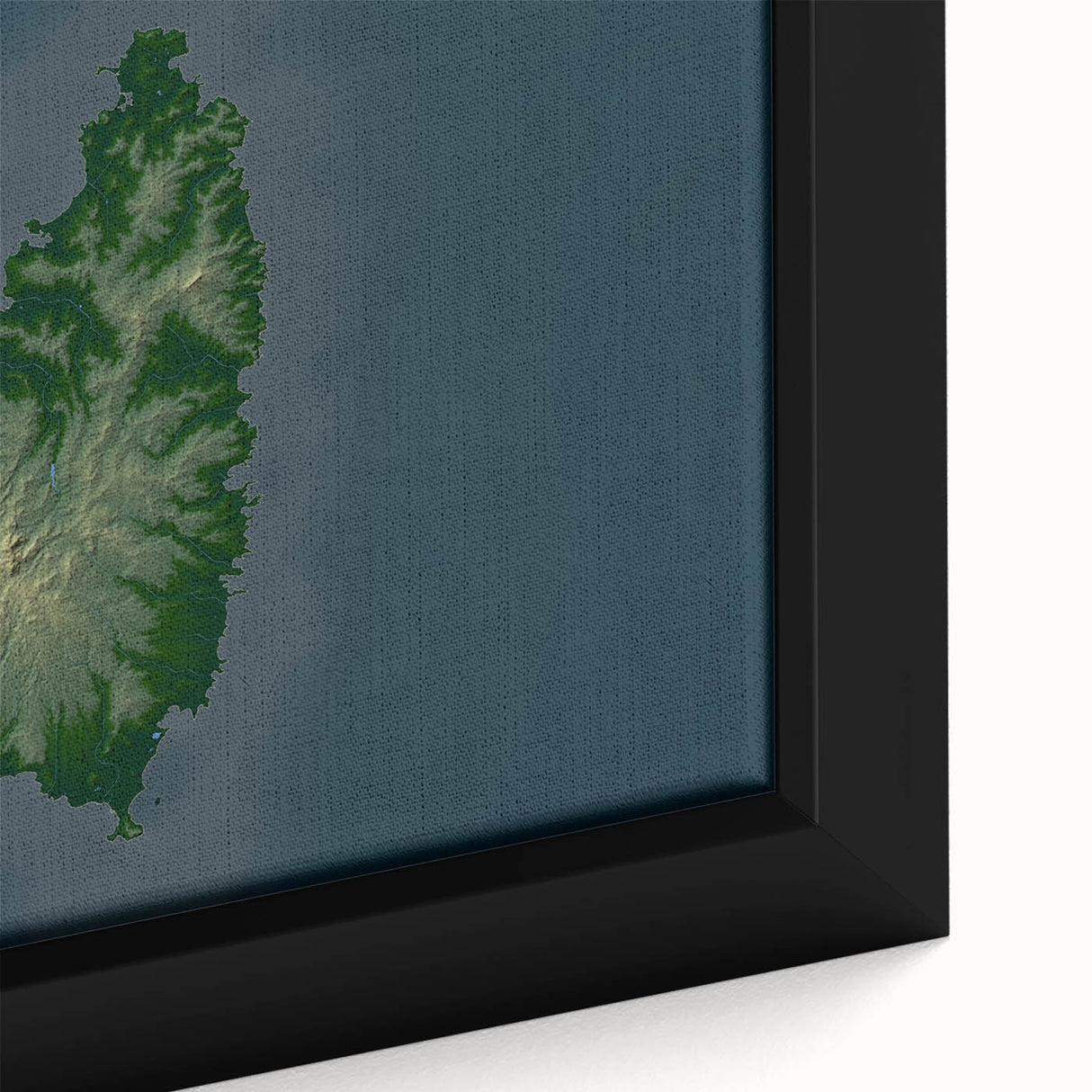 Extra large black wall art depicting a textured Caribbean scenery on a framed canvas, with vibrant color accents.