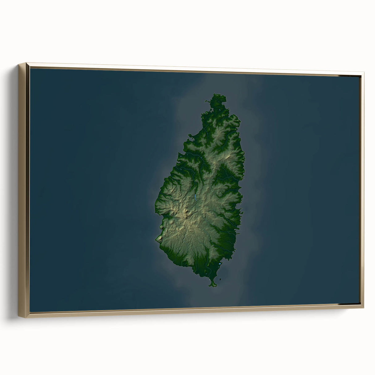 Framed canvas featuring a vintage-style landscape of Saint Lucia with lush greenery and ocean, set in a gold frame.