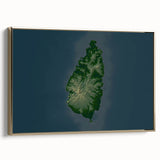 Framed canvas featuring a vintage-style landscape of Saint Lucia with lush greenery and ocean, set in a gold frame.