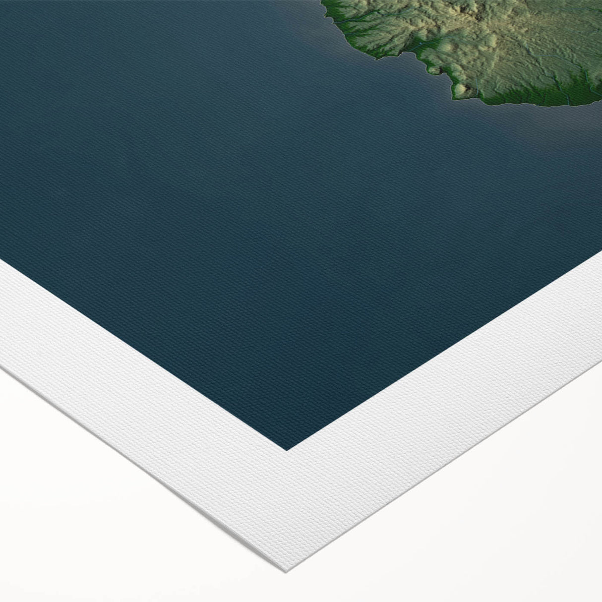 Art deco poster featuring a serene Caribbean scene with muted blue and green tones on rolled canvas.
