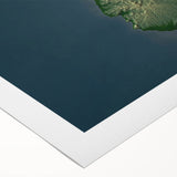 Art deco poster featuring a serene Caribbean scene with muted blue and green tones on rolled canvas.