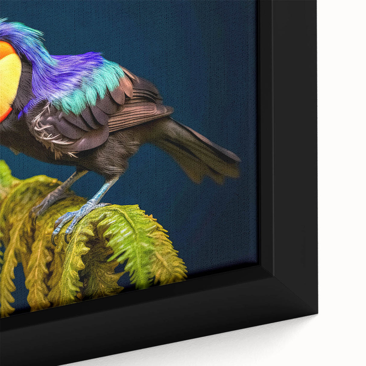 Close-up of a framed canvas featuring a textured, colorful abstract design, ideal for living room decor.
