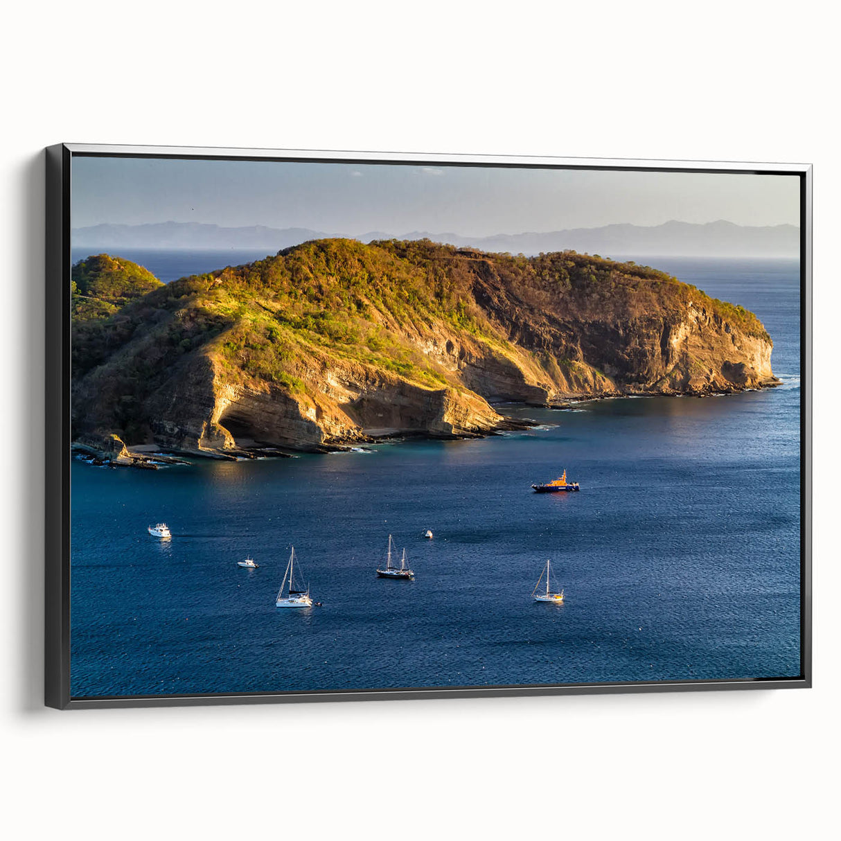 Black and white vintage poster art of a Central American landscape on a framed canvas, suitable for bedroom decor.