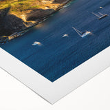 Art deco poster of a Central American scenery in muted green and blue tones on rolled canvas, ideal for dining room wall art.