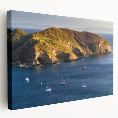 Large stretched canvas depicting a serene Nicaraguan landscape, with vibrant green and blue tones.