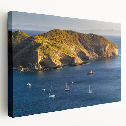 Large stretched canvas depicting a serene Nicaraguan landscape, with vibrant green and blue tones.