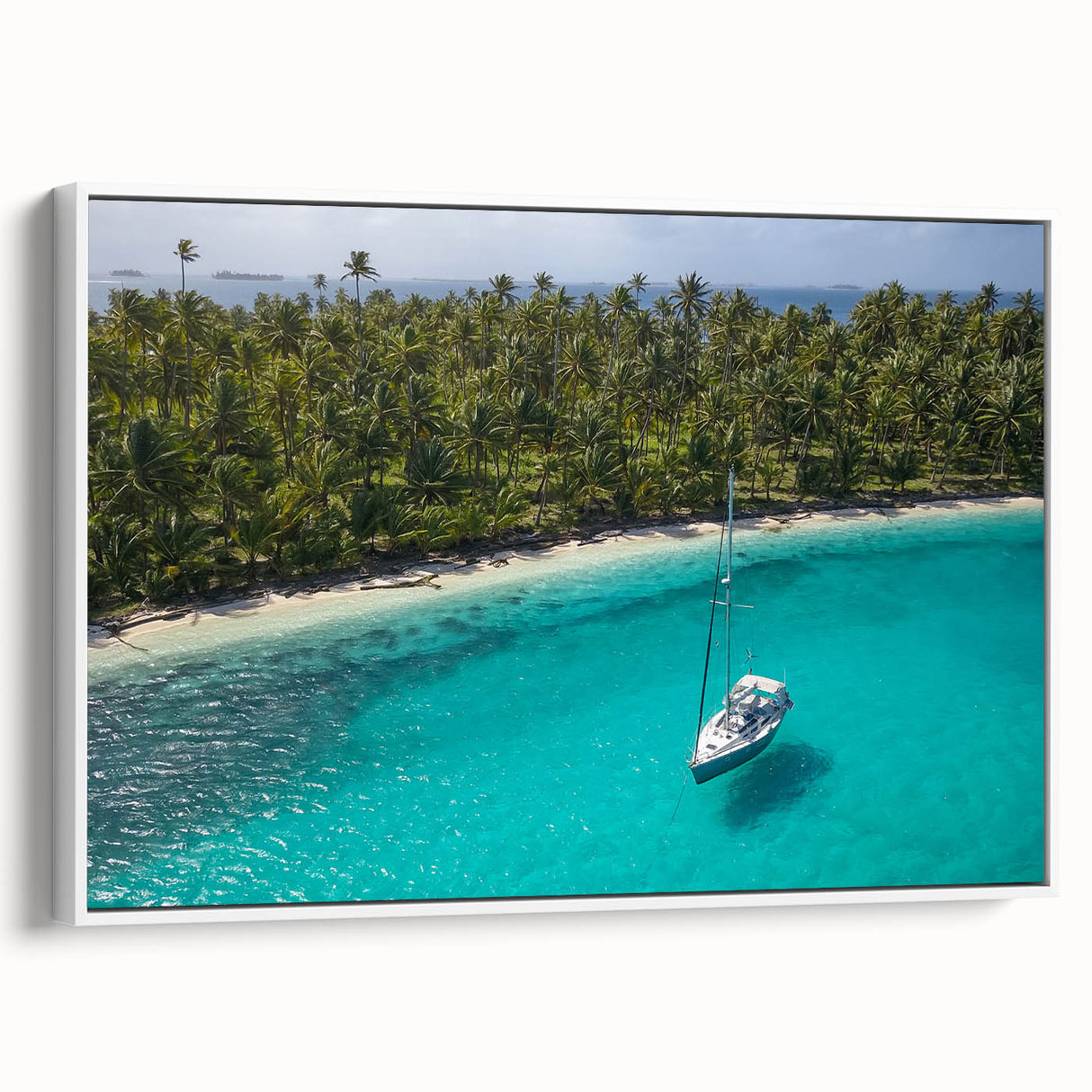 Vintage poster art of a colorful Central American scenery on a large framed canvas, ideal for living room decor.