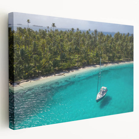 Panama scenery on stretched canvas with vibrant green and blue tones, suitable for kitchen wall art.