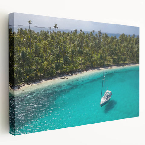 Panama scenery on stretched canvas with vibrant green and blue tones, suitable for kitchen wall art.