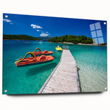 Acrylic print of a large abstract depiction of European scenery in vibrant blues and greens.