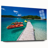 Large abstract wall art of a European scenery in muted colors on acrylic glass, suitable for bedroom or dining room decor.