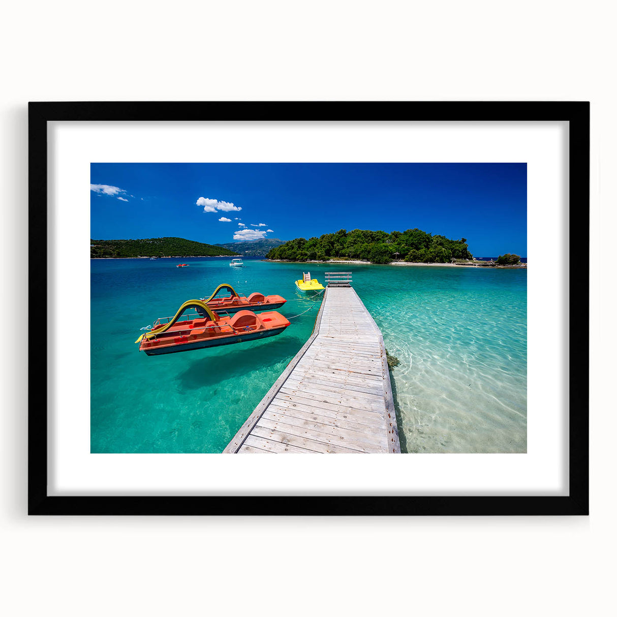 Abstract art print of a European scenery in vibrant colors on a textured, extra-large canvas, framed in black.