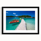 Abstract art print of a European scenery in vibrant colors on a textured, extra-large canvas, framed in black.