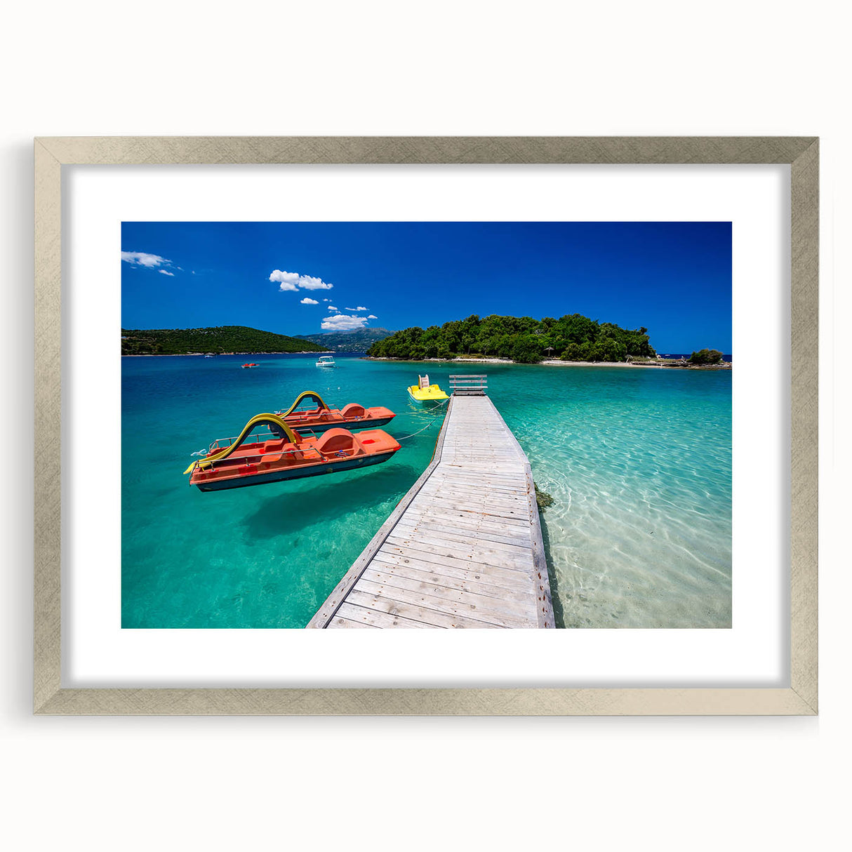 Textured abstract art print of a European scenery in muted earth tones, framed in silver, ideal for bedroom art.
