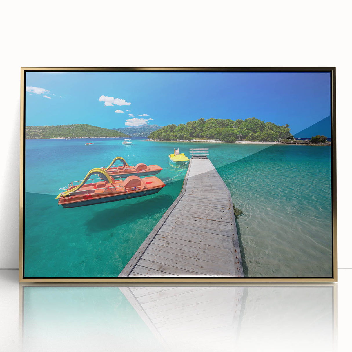 Large art print of a European Albanian scenery in gold frame, acrylic, featuring mid-century modernist style.