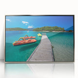 Mid-century modernist art depicting a serene Albanian landscape in soft earth tones, framed in silver acrylic.