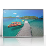 Art Deco poster depicting a scenic European landscape in muted colors on a white framed acrylic.