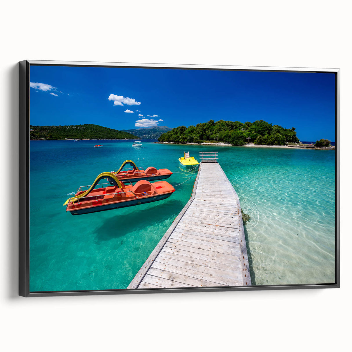 Black and white landscape art painting of an Albanian scenery on framed canvas, suitable for bedroom decor.