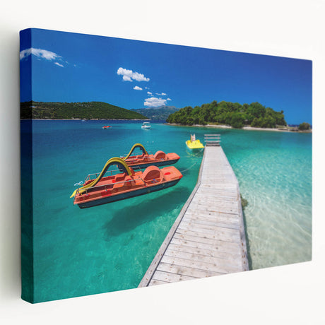 Large stretched canvas depicting a serene Albanian landscape in muted earth tones, ideal for kitchen wall art.
