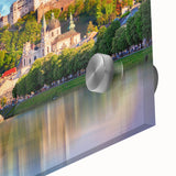 Large abstract wall art of a European landscape in muted earth tones on acrylic glass, ideal for dining room art.