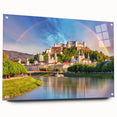 Acrylic print of a European scenery with vibrant green and blue tones, ideal for dining room decor.