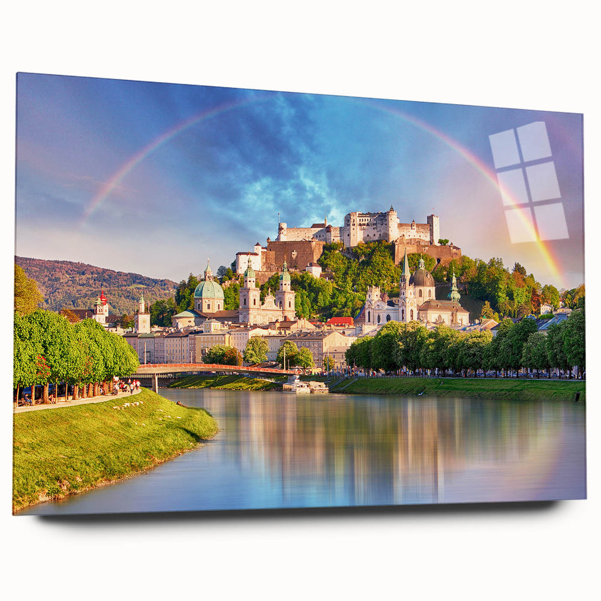 Large abstract depiction of an Austrian landscape in muted earth tones on acrylic glass.