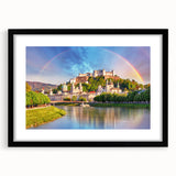 Extra large abstract art print of colorful, textured scenery of Europe on a black framed canvas, ideal for living room decor.