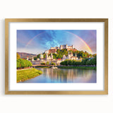 Abstract art print of a European scenery in Austria, featuring muted earth tones on a framed gold mat.
